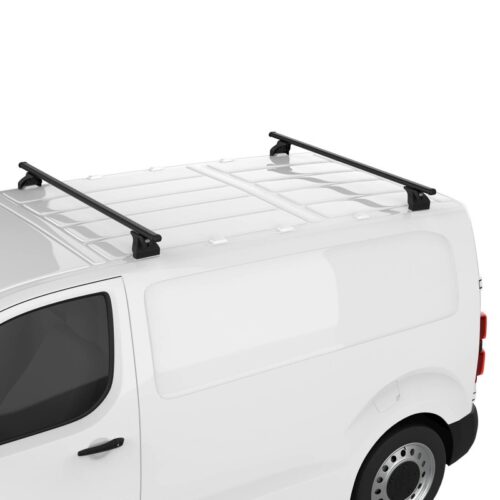 Barras de techo CRUZ Cargo Xpro instaladas en Volkswagen Transporter T4 (1991–2003), resistentes y con cerraduras antirrobo.